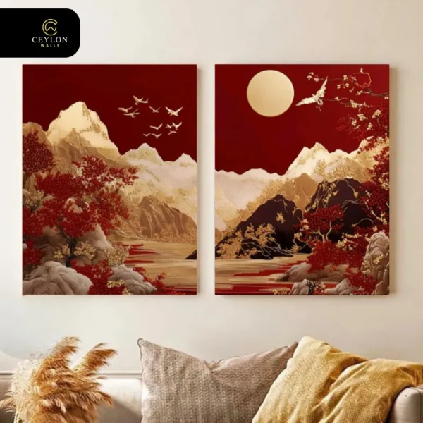 Crimson Mountain Moon 2 Panel Wall Art