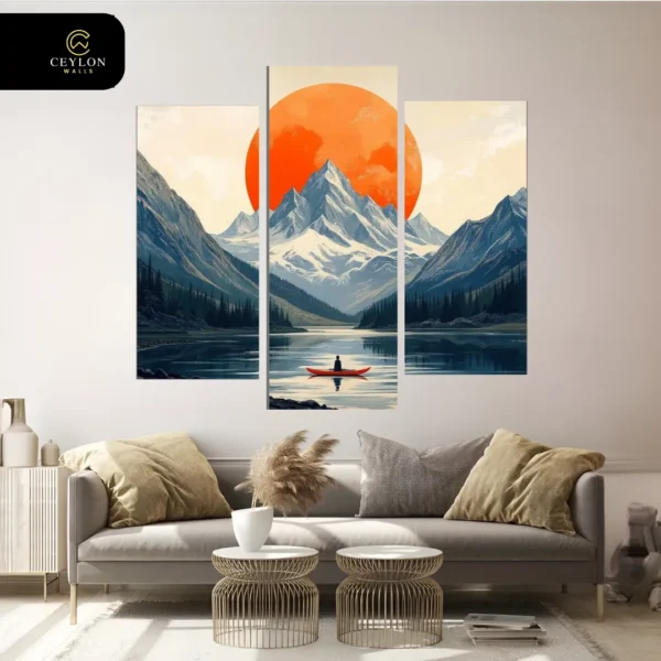 Red Sun Mountain Lake 3 Panel Wall Art