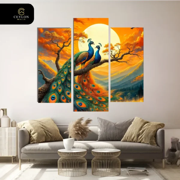 Golden Sunset Peacock 3 Panel Wall Art