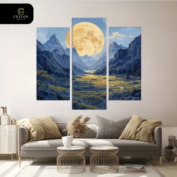 Moonlit Mountain Valley 3 Panel Wall Art
