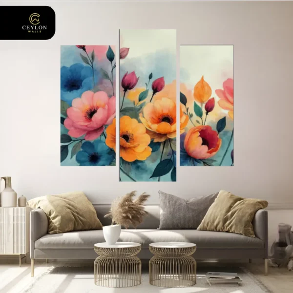 Watercolor Blue & Orange Floral 3 Panel Wall Art