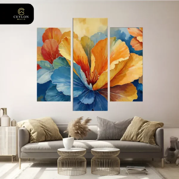 Abstract Azure & Amber Bloom 3 Panel Wall Art
