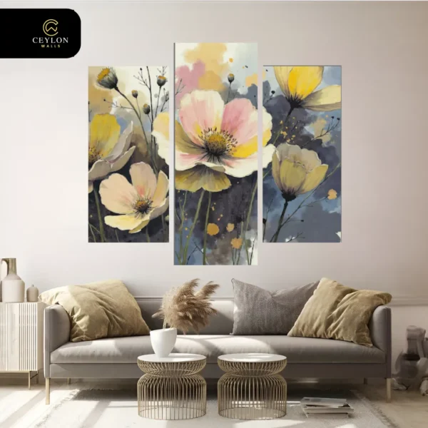 Muted Yellow & Grey Floral 3 Panel Wall Art