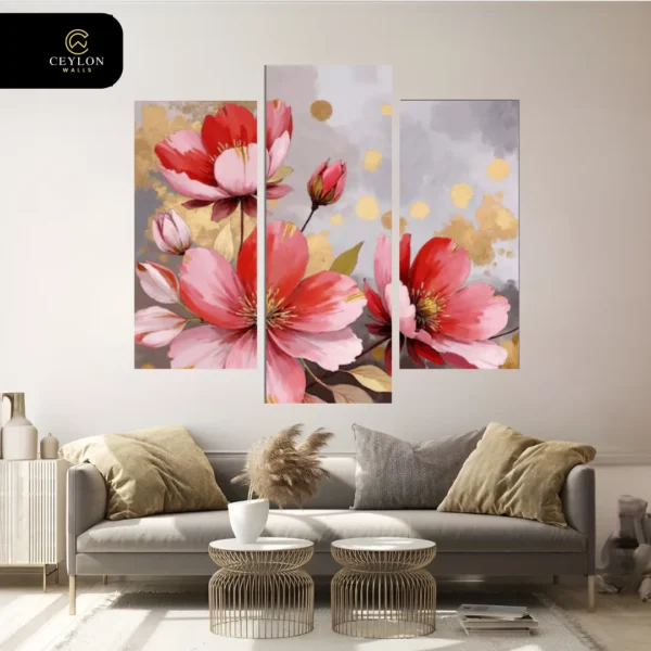 Radiant Pink Floral & Gold 3 Panel Wall Art