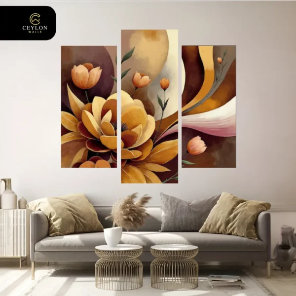 Mocha & Gold Abstract Floral 3 Panel Wall Art