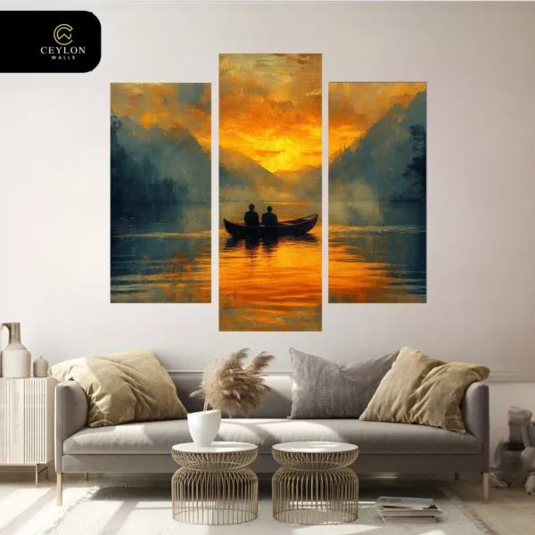 Golden Sunset Lake Boat 3 Panel Wall Art