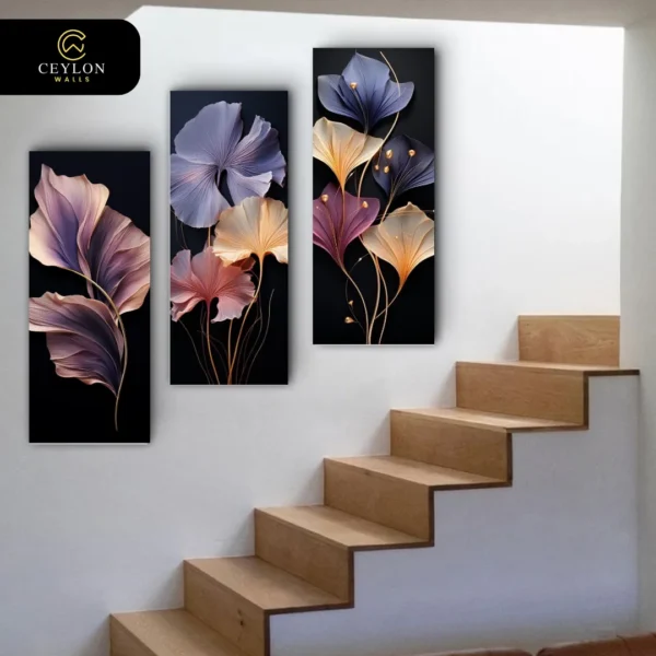 Dark Floral & Gold Abstract 3 Panel Staircase Wall Art