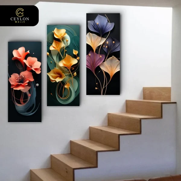 Midnight Floral Bloom 3 Panel Staircase Wall Art