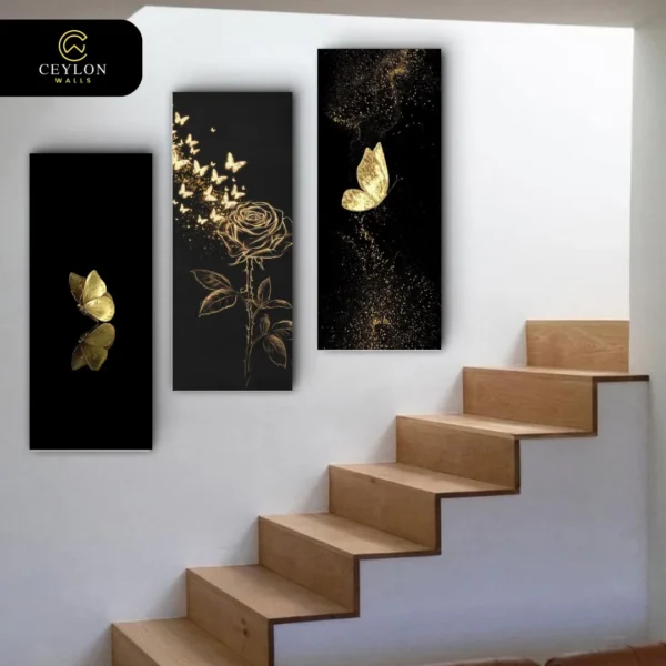 Golden Butterfly & Rose Line 3 Panel Staircase Wall Art
