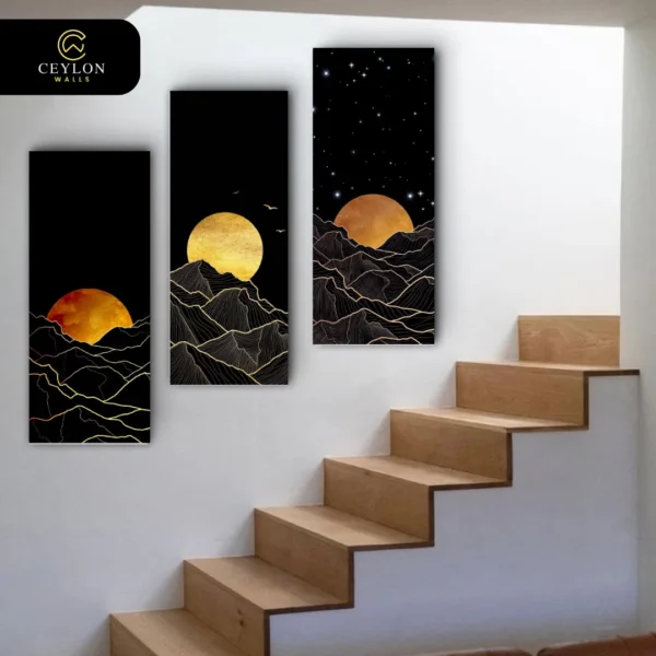 Black & Gold Mountain Line 3 Panel Staircase Wall Art