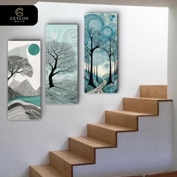 Whimsical Turquoise Forest 3 Panel Staircase Wall Art