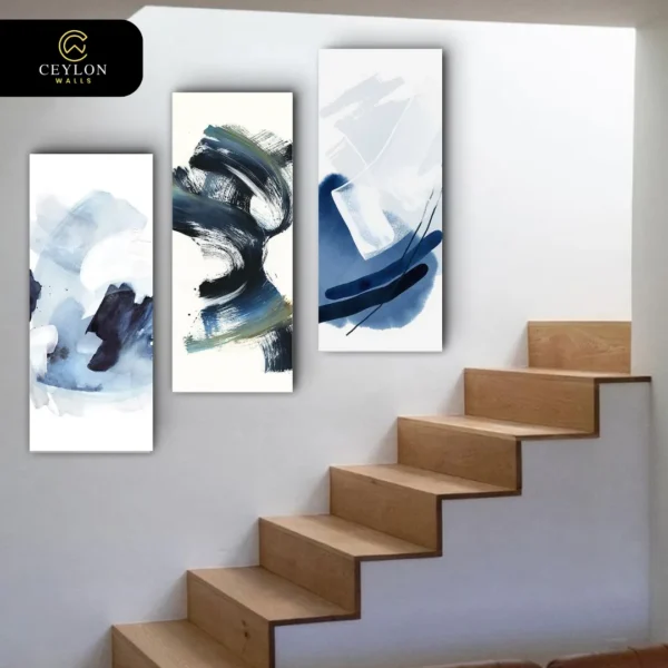 Abstract Ink Wash Blue 3 Panel Staircase Wall Art