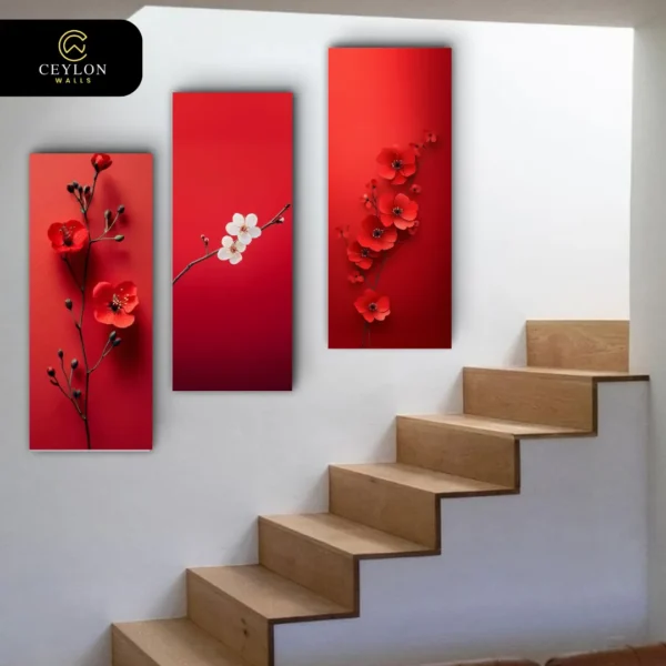 Crimson Relief Floral 3 Panel Staircase Wall Art