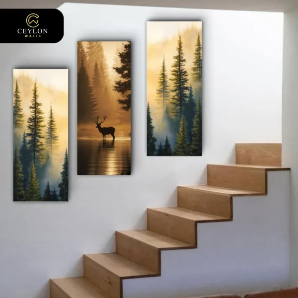 Misty Forest Deer 3 Panel Staircase Wall Art