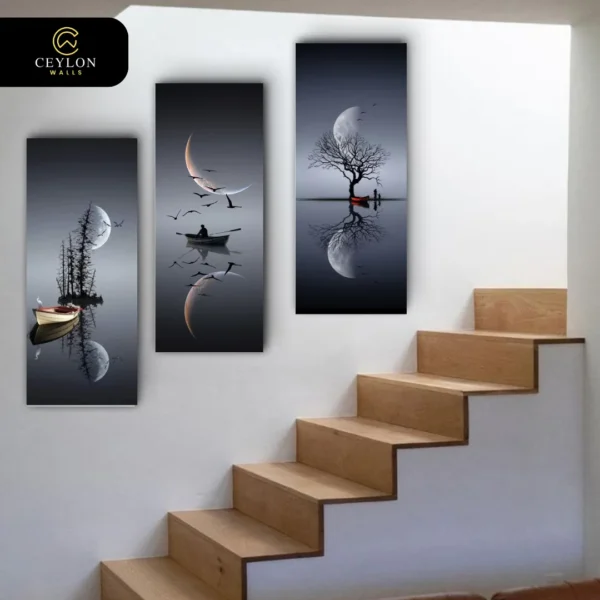 Moonlight Tree Silhouette 3 Panel Staircase Wall Art