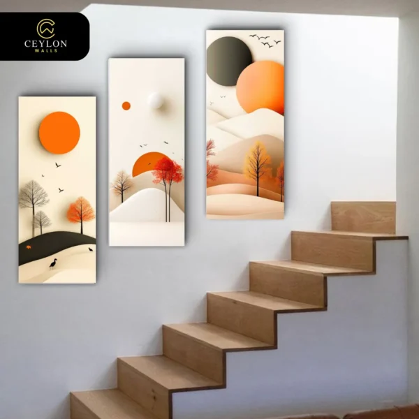 Geometric Orange Landscape 3 Panel Staircase Wall Art