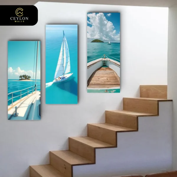 Tropical Boat Window 3 Panel Staircase Wall Art
