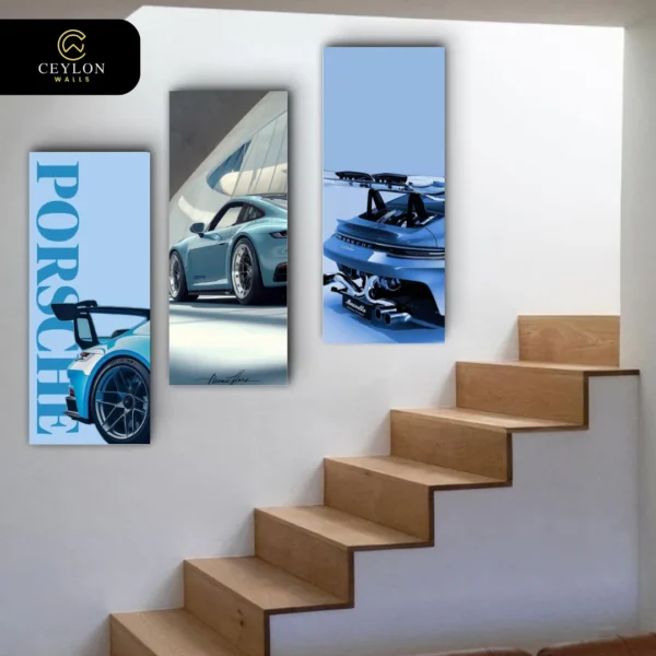 Blue Luxury Car 3 Panel Staircase Wall Art